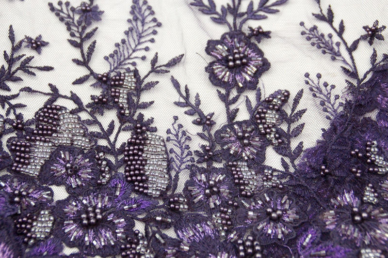 purple beaded lace fabric handwork lace