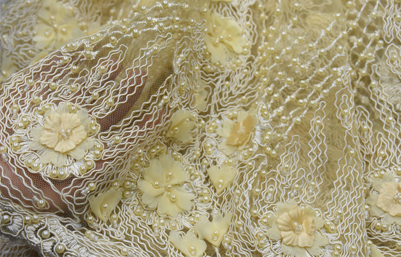 beige yellow beaded lace 3d flower lace fabric