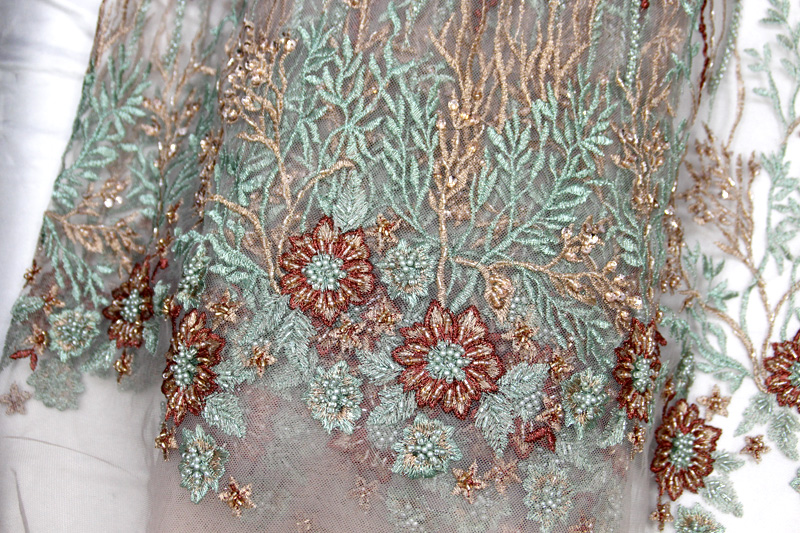 green fabric 3d floral beaded dress fabrics