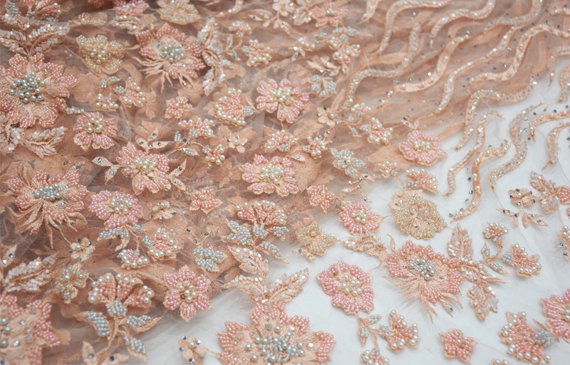 peach beaded handwork 3d floral lace fabrics