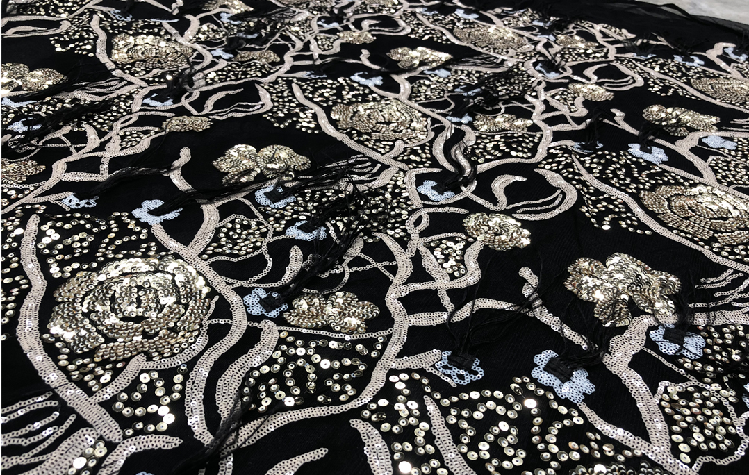 gold sequins black lace fabric