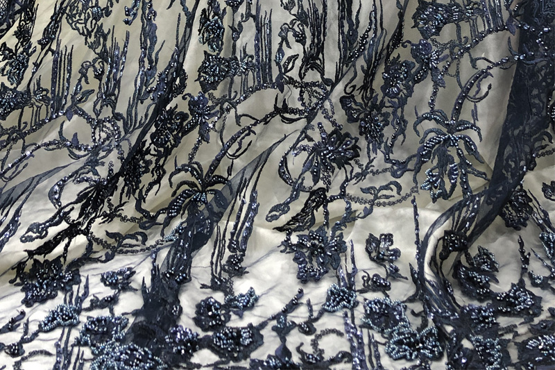 navy blue beaded lace fabric