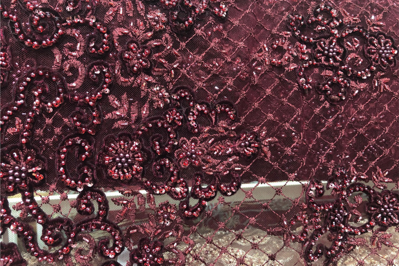 wine red handwork beaded velvet lace fabric