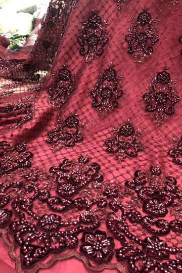 wine red beaded handwork velvet lace fabric