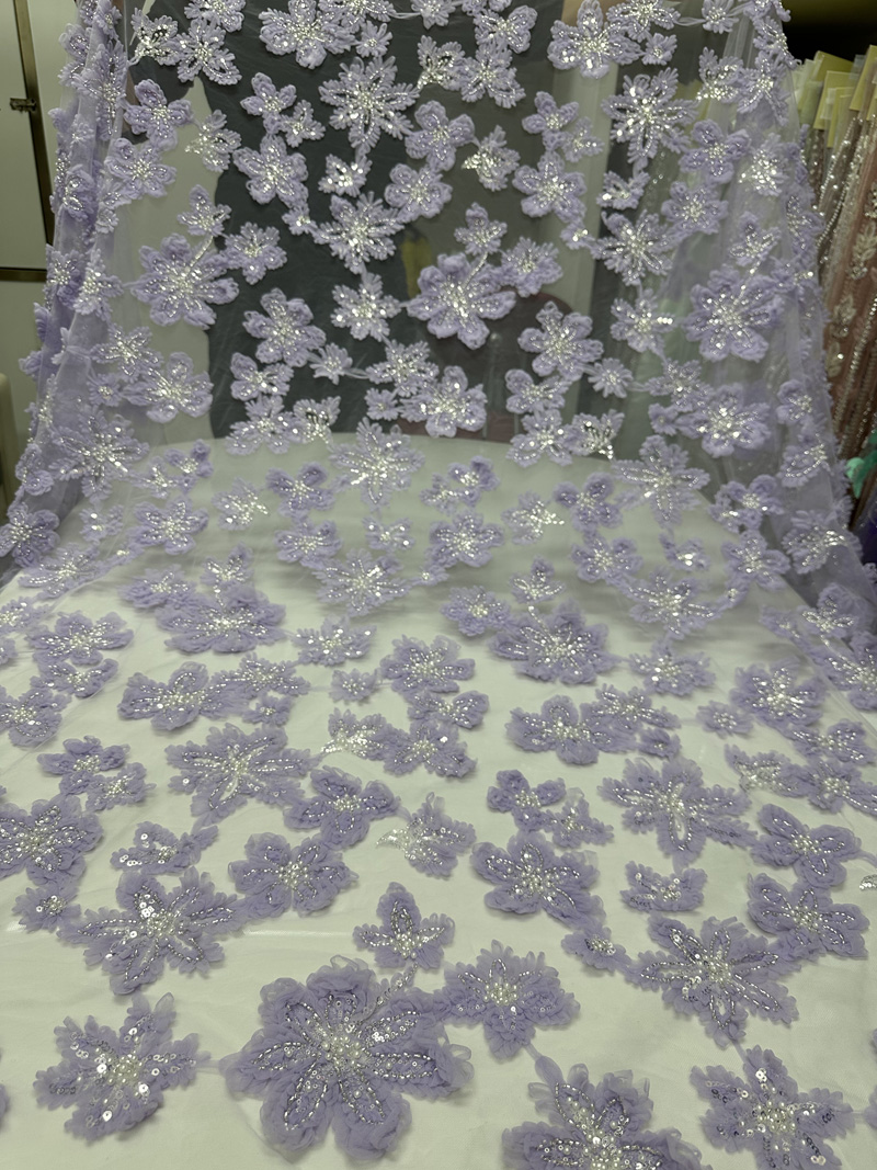 Unique floral beaded 3d lace fabric