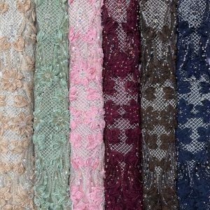 Mystic Sage 3D Floral Beaded Tulle Fabric